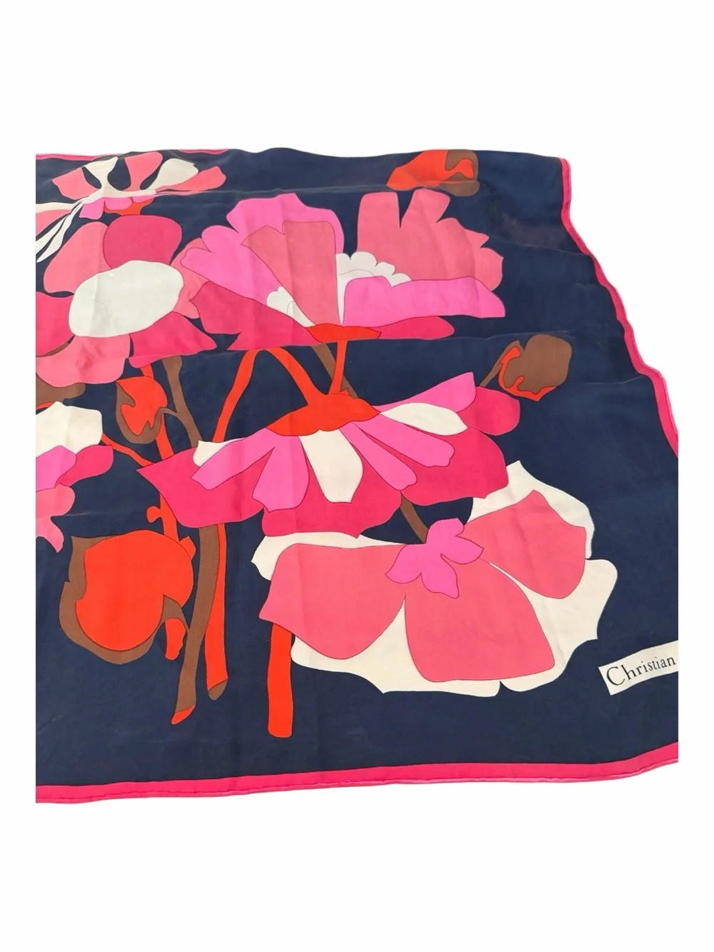 Vintage Christian Dior Navy & Pink Silk Scarf 29x29